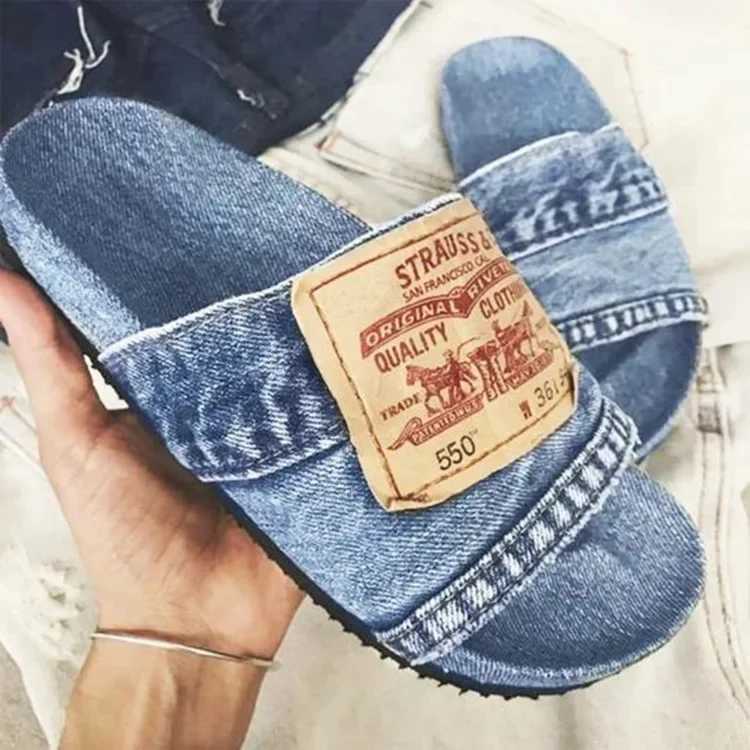 Womens fashionable n-slip wearing comfortable and soft flat sandals flip denim letter womens cooler shoes 2025XJ250407