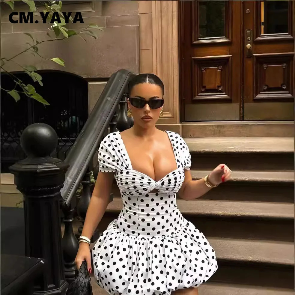 CM.YAYA Women Dot Printed Draped Big Swing Waist Dress 2025 Short Sleeve Evening Sexy Club Party Evening High Street Dresses 250407