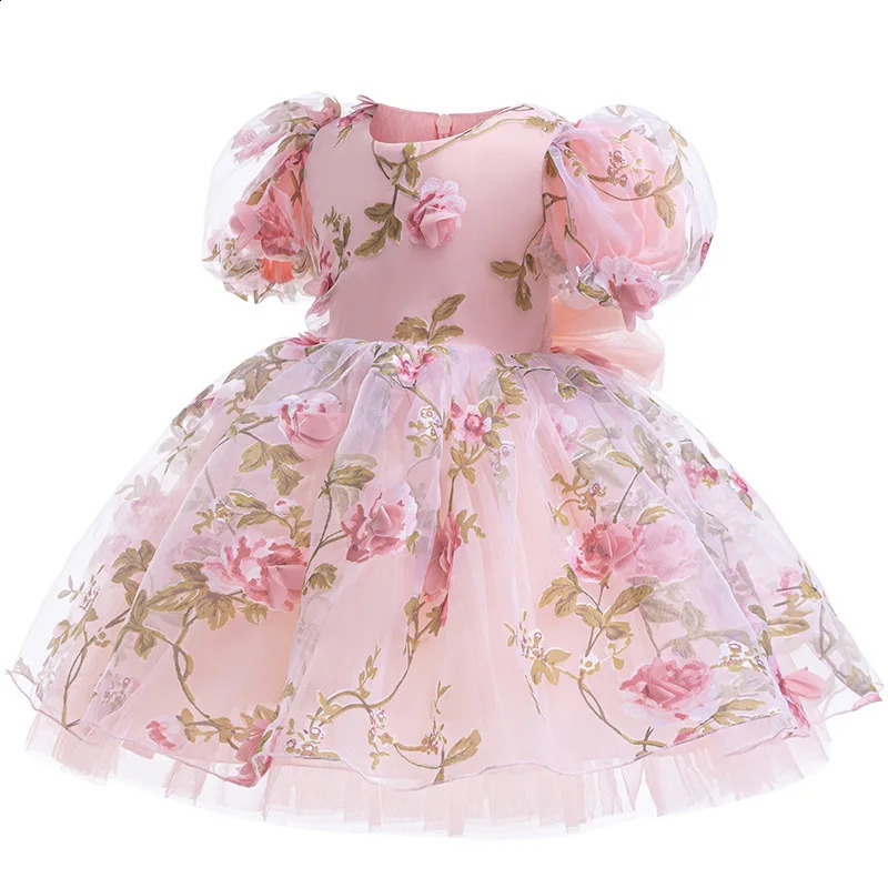 Rose Girls Dress Summer Mesh Fashion Bow Little Princess Baby Dress Christmas Birthday Gifts 1 2 3 4 5 6 Years Kids Clothes 250408