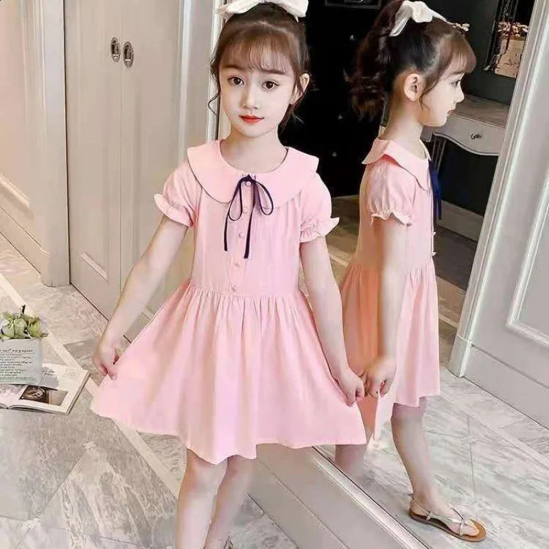 2025 teenager Summer Kids girls bow Fold Dresses Formal Princess Children braces maid skirt party 4 8 9 5 6 10 12 13 Years 250408