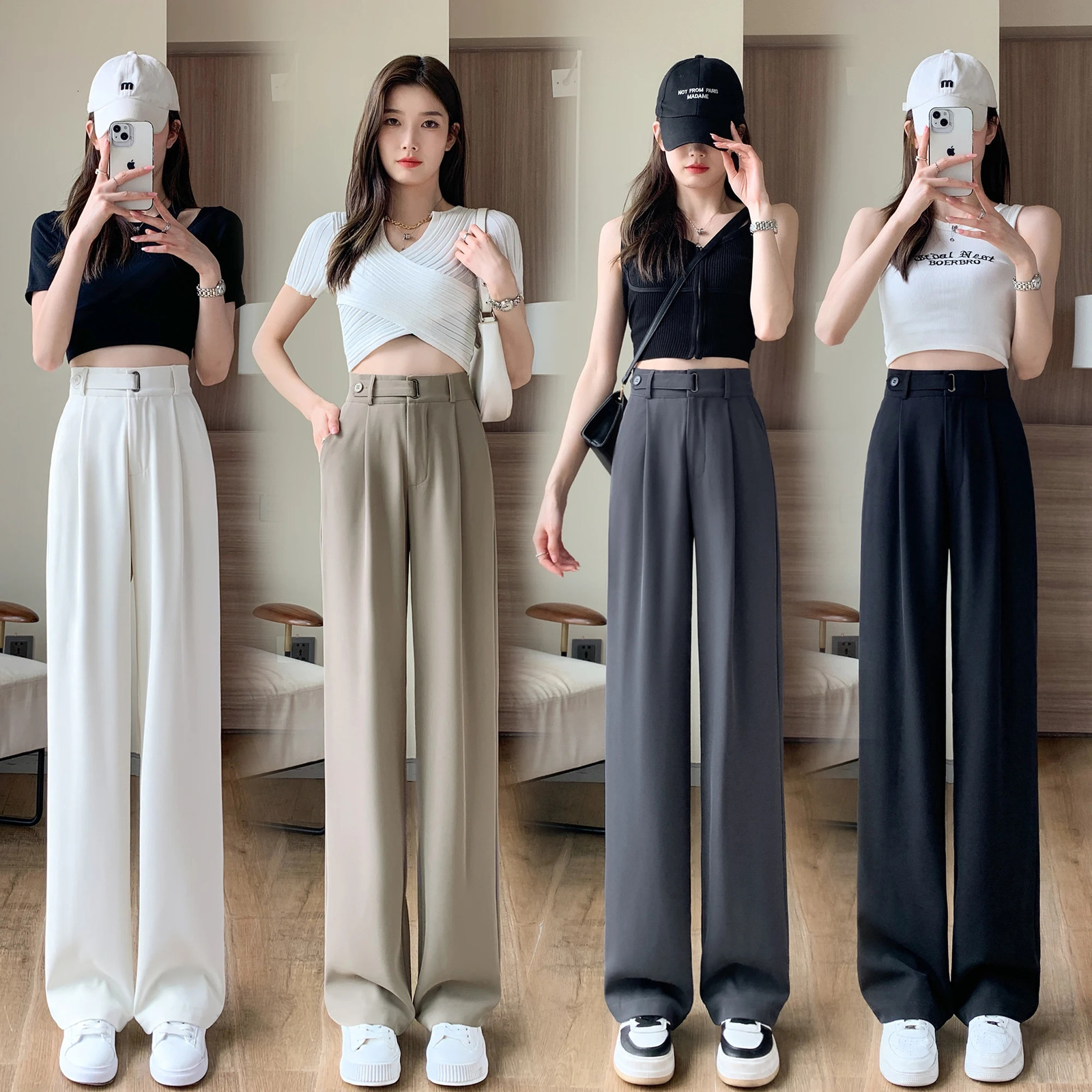High Waist Set Wide Leg Womens Full Pants Button Spring/Summer Womens Elegant Minimalist Straight Loose Trouser 250402