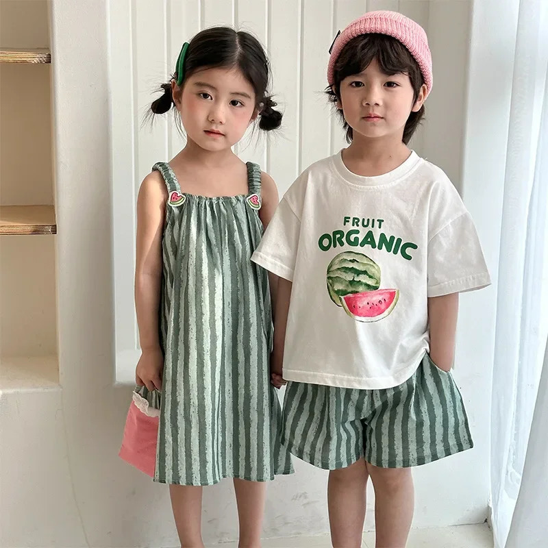 Childrens Summer Clothes Set Boys Pure Cotton Striped Tee and Shorts 2pcs Suit Cute Girls Suspenders Dress Siblings Outfit 250407