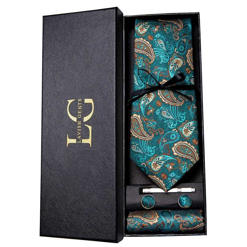 Hi-Tie Luxury Gift Box Classic Paisley Teal Green NeckTie Gentle Mens Tie Handky Cufflinks Set Tie For Men Wedding High Quality X250407