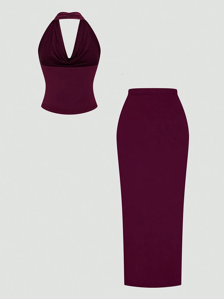 Plus Size Ms. Burgundy Sexy Romantic Urban Woman Sleeveless Neck Swing Neck Top Split Half Skirt Long Skirt Two Piece Set 250408