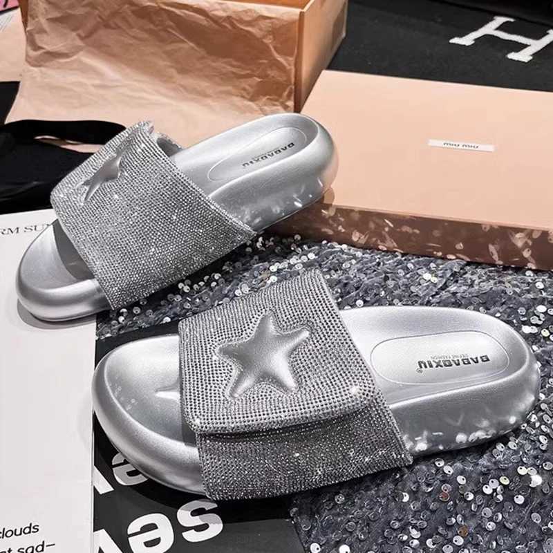 Summer Womens Slide Platform Sandals Sparkling Star Decorative Slide Comfortable Outdoor Beach Leisure Indoor ShoesXJ250407