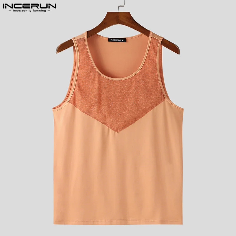 Fashion slim fit top INCERUN mens sparkling fabric mesh patchwork vest casual sports mens sleeveless vest S-5XL 250402