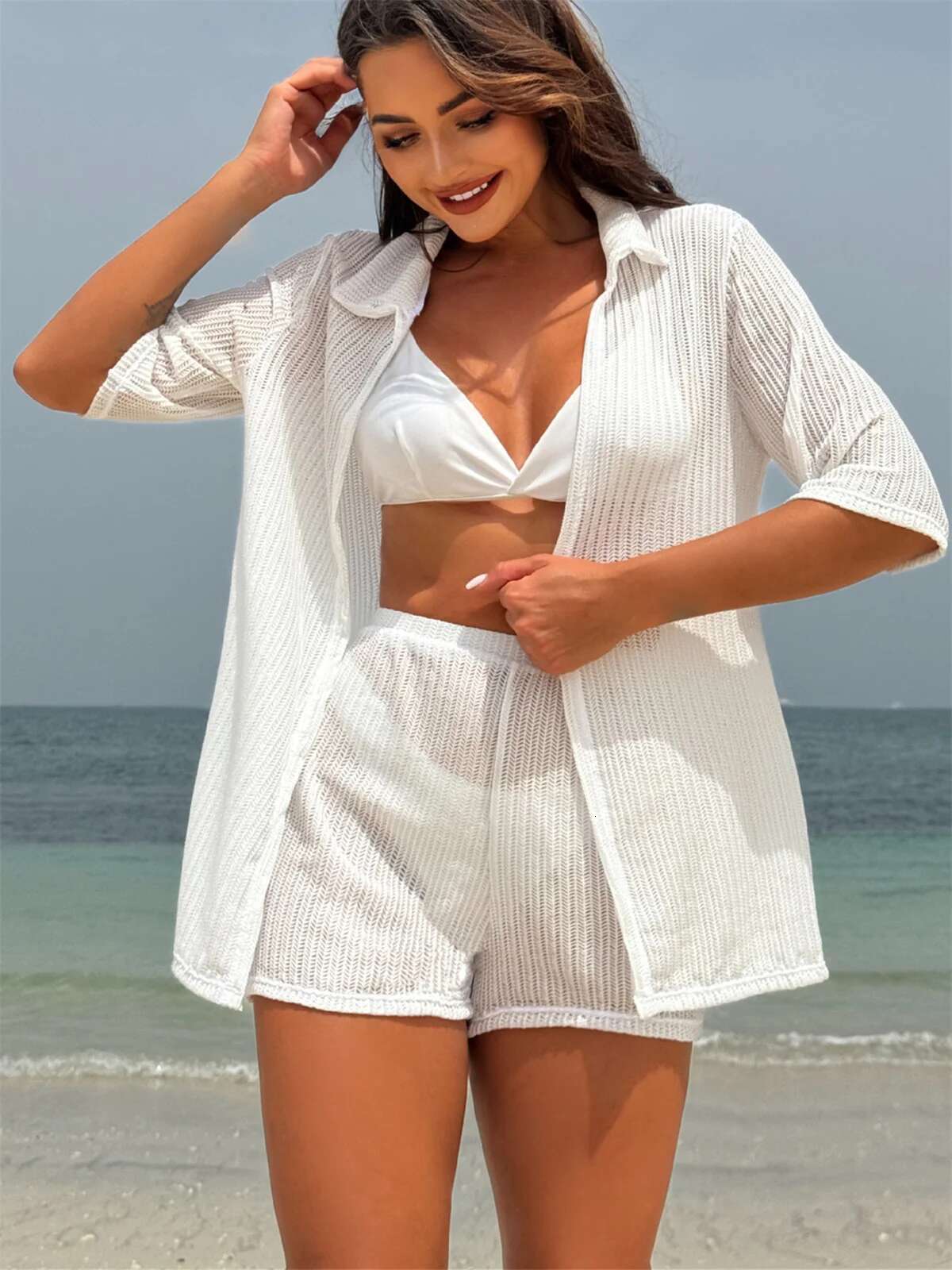 Dongdumaoyi Summer Piece Bikinis Sets Women Black White Mesh Half Sleeve Cover Up With High Waist Panties Swimsuit Bathing Suit Swimwear