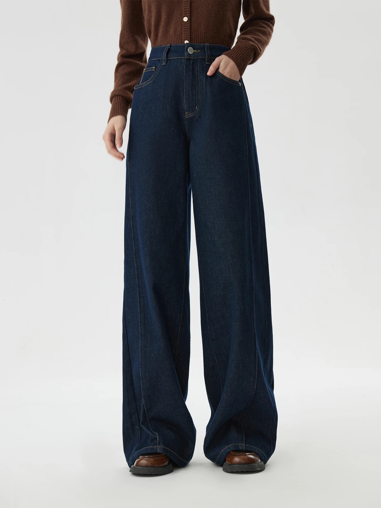 FSLE Womens Winter Jeans High Waist Thick Cotton Wide Legs Trouser Dark Denim Loose Blue Full Length 24FS14299 250407