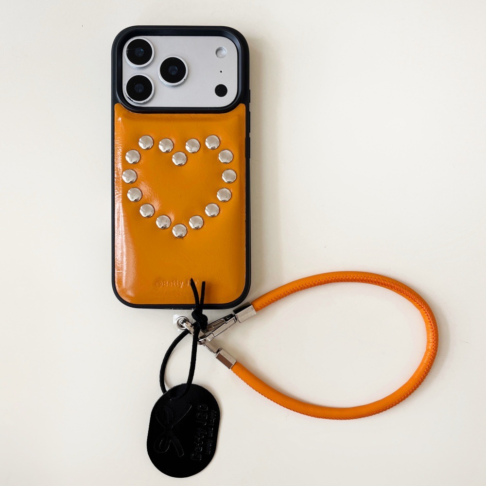 Orange Rivet Leather Phone Case Compatible with iPhone 17/16 Pro Simple Solid Color iPhone 15/14 Shockproof