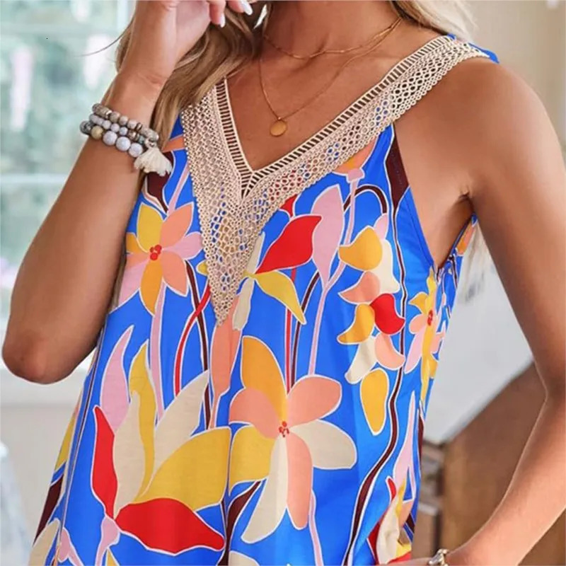 Womens Summer Beach Mini Tank Dress Fashion Lace V-neck Tank Top Dress Casual Tropical Printed Sleeveless Loose Simple Dress Womens 250401