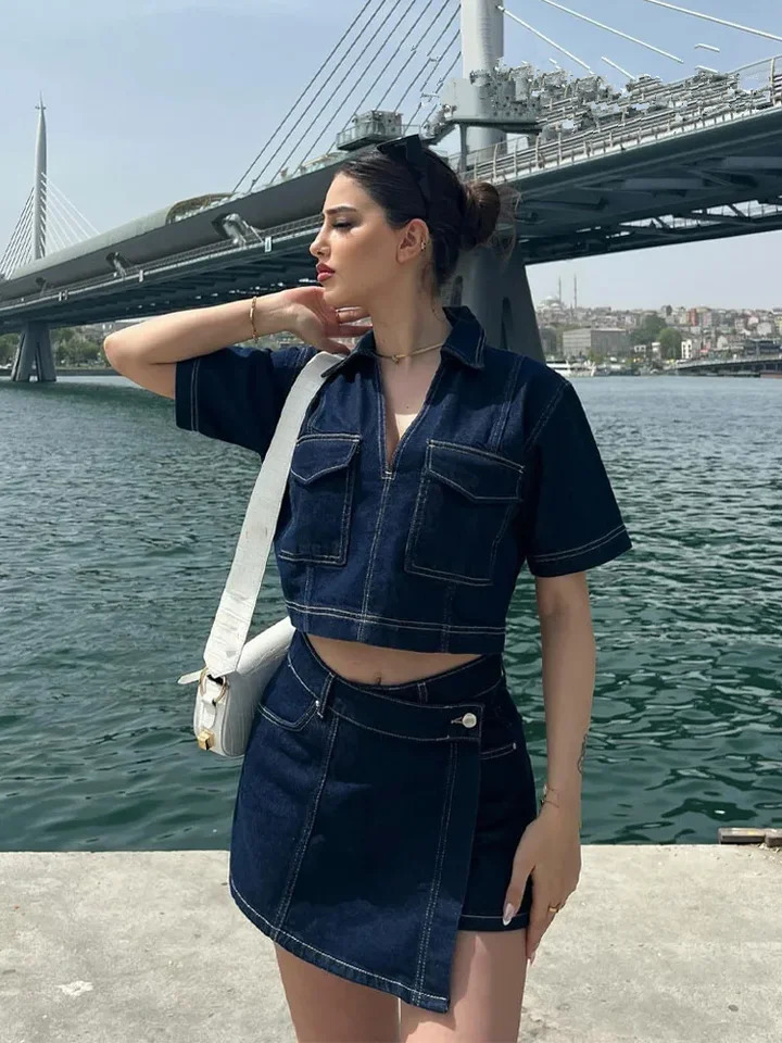 Fashion Flip Pocket Decoration Short Flip Collar Slim Fit Denim Top Asymmetric Denim Mini Skirt 2 Piece Set Outfits 250408