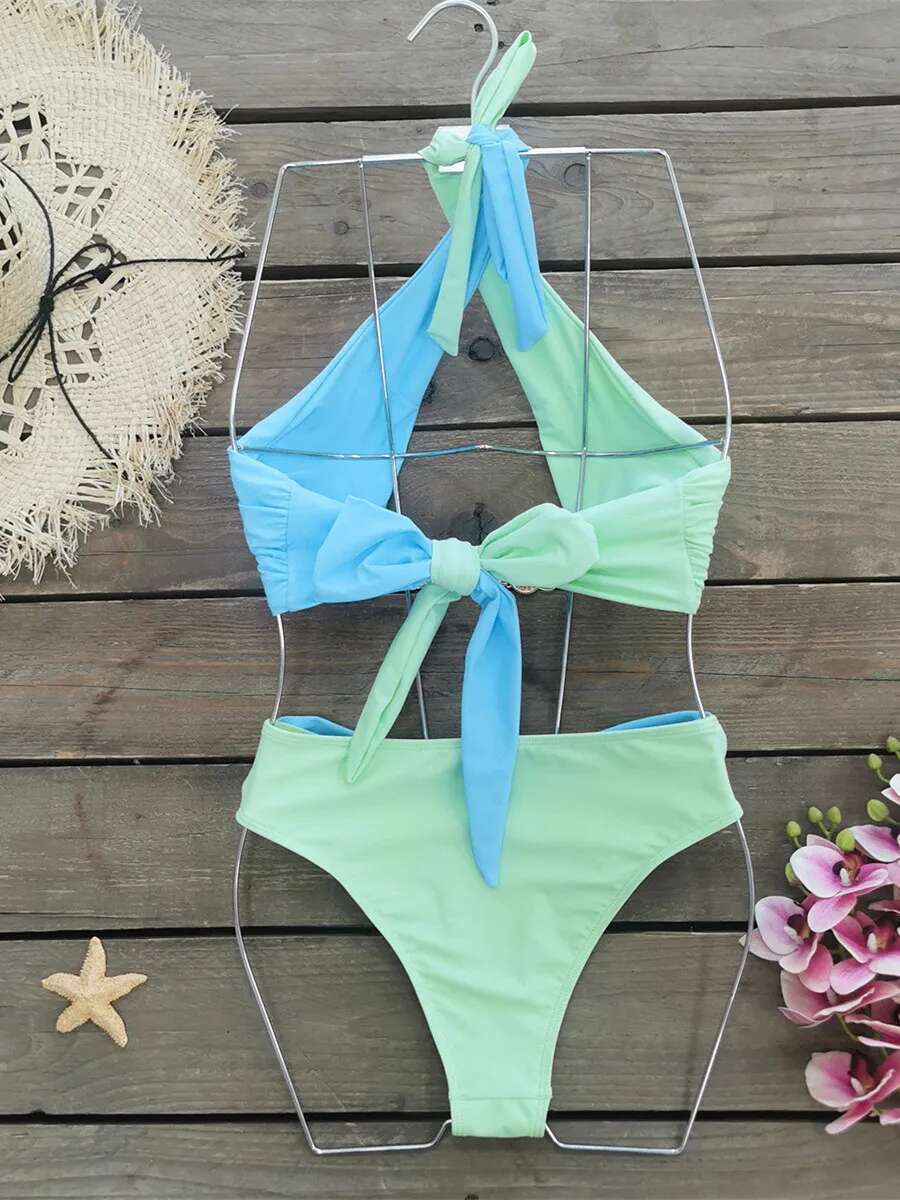 Dongdumaoyi Luxury Rhinestone Bikini Set Women Blue Patchwork Cross Diamond High Waist Swimsuit Beach Bathing Suit Swimwear Biquini