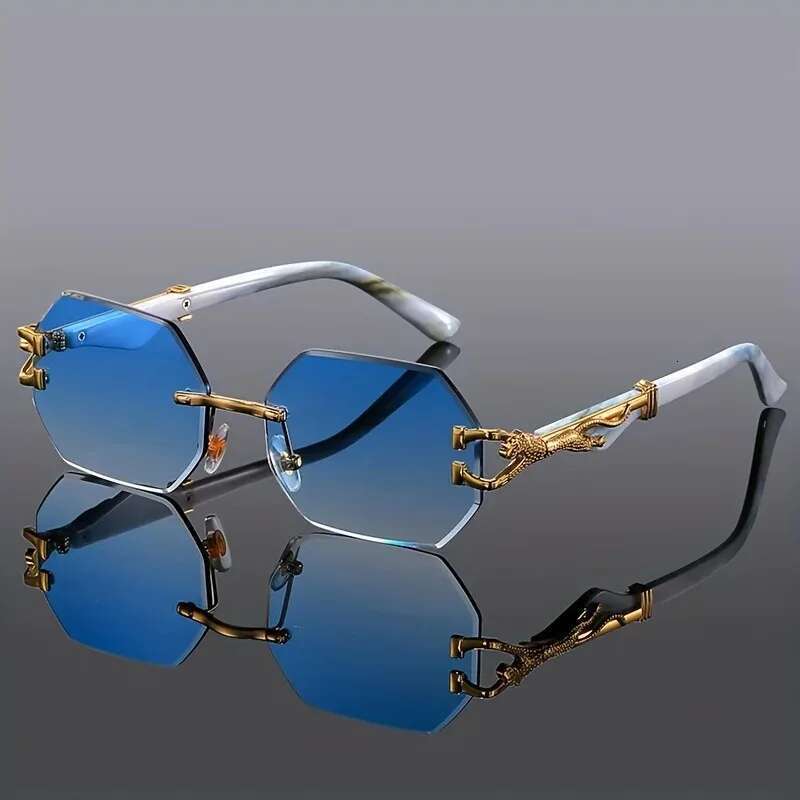 Vintage Rimless Polygonal Metal Frame Sunglasses with Leopard DesignTemples Unisex Outdoor Party Vacation Travel Driving Photo