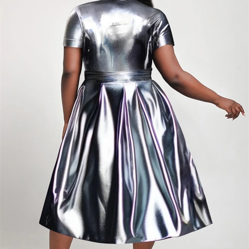 Plus size womens sequined dress short sleeved round neck solid pleated A-line party club evening dress Midi summer womens dress 250328