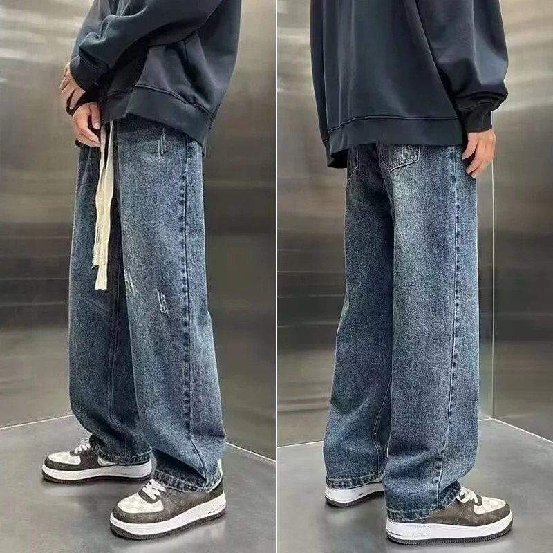 Mens Fashion Edition Wide Leg Denim Pants Korean Compact Street Clothing Lace n Straight Casual Jeans 250408