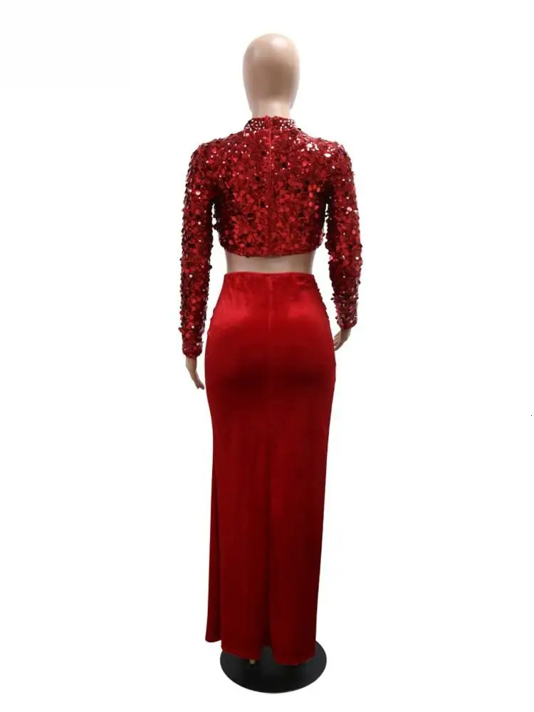 Veet Chic And Elegant Woman Set Sexy Full Sleeve Sequins Pearls Crop Tops+Split Long Skirt 2 Piece Sets Party Clubwear