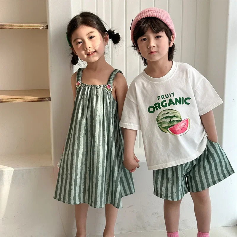 Childrens Summer Clothes Set Boys Pure Cotton Striped Tee and Shorts 2pcs Suit Cute Girls Suspenders Dress Siblings Outfit 250407