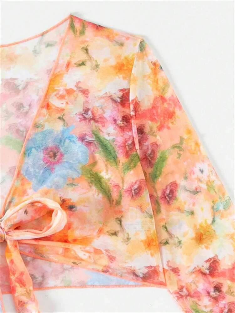 Dongdumaoyi Piece Bikini Set Women Orange Floral Print Long Sleeve Mesh Cover Up Ruffle Skirt Swimsuit Sexy Bathing Suit Swimwear
