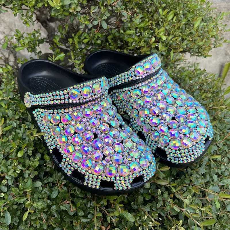 New Arrival EVA new single hole shoes womens summer womens slippers handmade diamond sandals shiny large diamond black slippers size 36-45 T250407