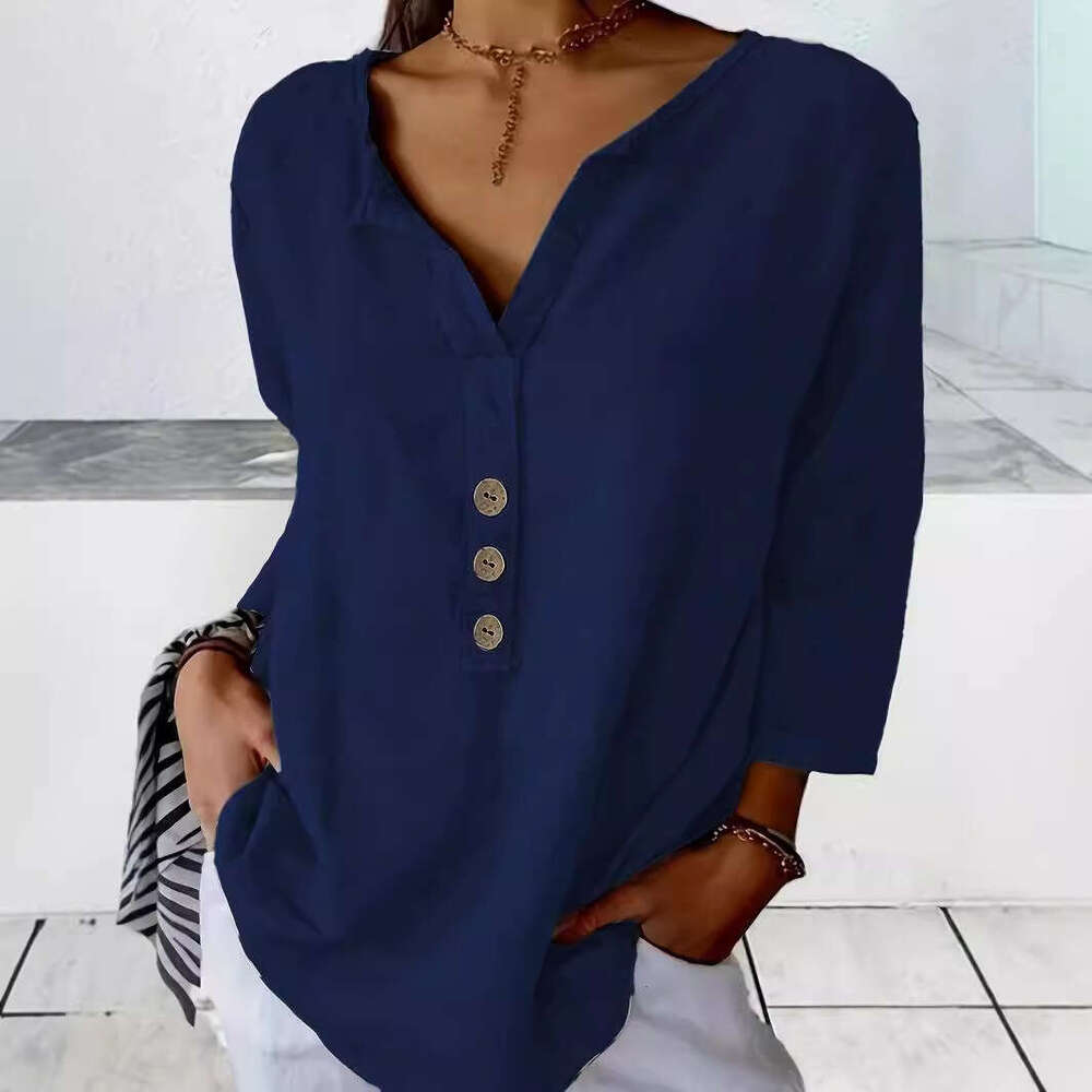 European and American Fashion Women's Explosive Solid Color Notch Collar Casual Button Shirt 2025 New Style Elegant Clothing