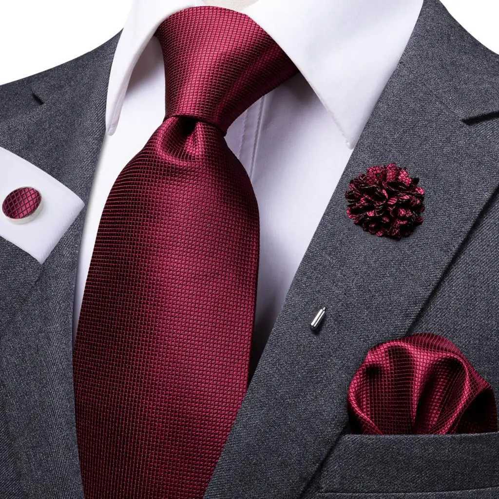 Burgundy Solid Mens Necktie Luxury 8.5cm Wide Silk Wedding Tie Pocket Square Cufflink Set Brooch Gift For Men Hi-Tie Designer X250407