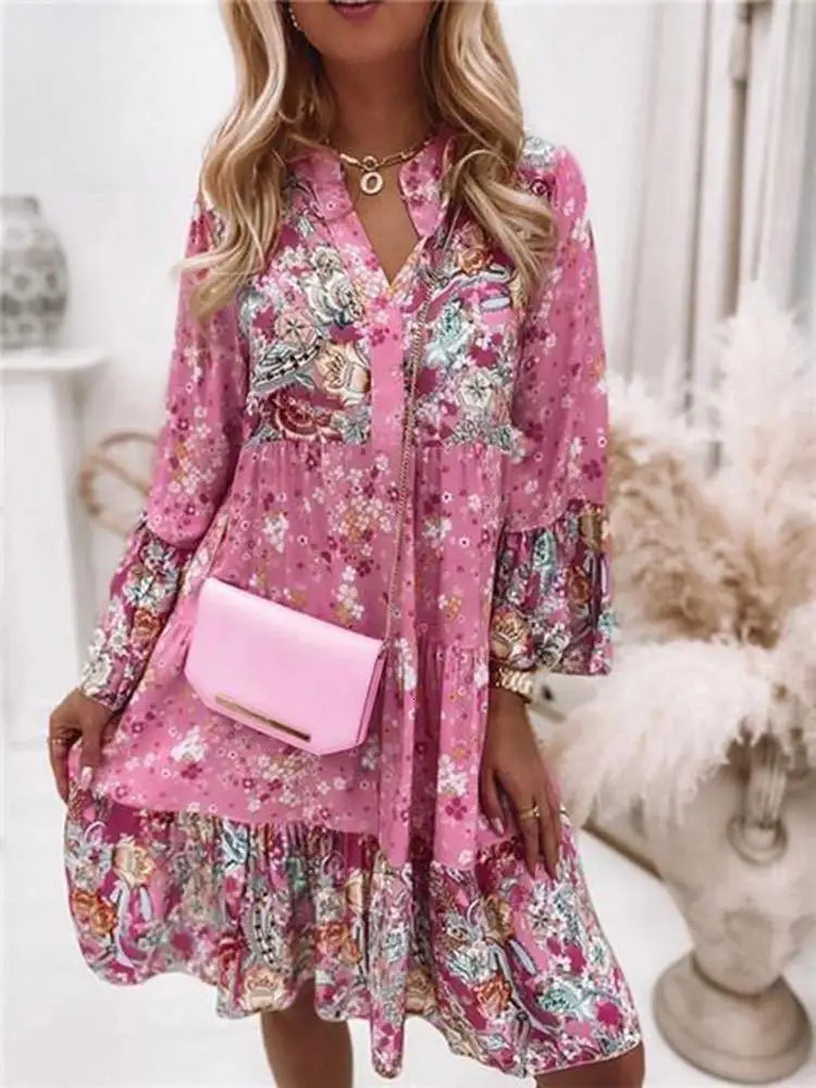 Casual Flower Printed Womens Rotating Summer Bohemian V-neck Loose A-line Dress Elegant Beach Party Dress Sexy Womens Robe 250401