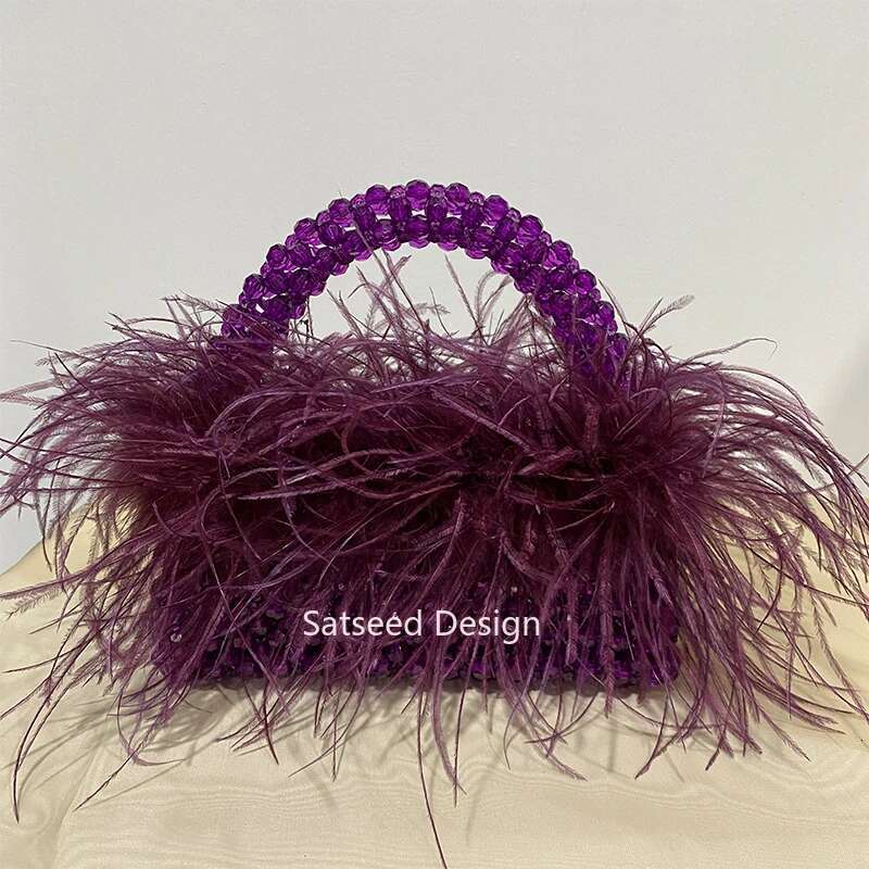 2Size Acrylic Bead Evening Bag With Ostrich Feather Fur Designer Brand Clear Tote Handbag Women Party Purse Handmade