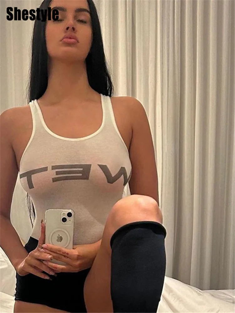 Shestyle Wet Letter Print White Tank Top Transparent Sexy Sleeveless Crew Neck Crop Camisole Streetwear Summer Y2K 250407