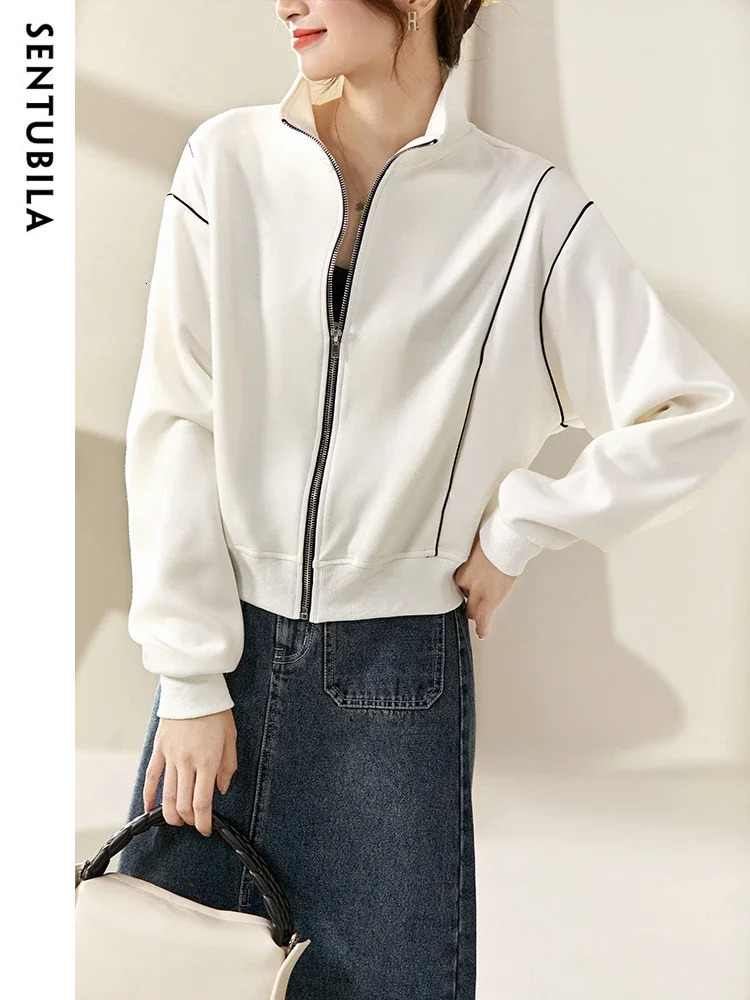SENTUBILA Casual Cutting Jacket for Womens SpringSummer Fashion Loose Stand Collar Zipper White Coat 131W45929 250407
