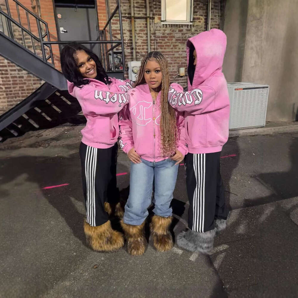 American embroidery, street hole design, unisex pink three-dimensional printed fashionable hooded sweatshirt