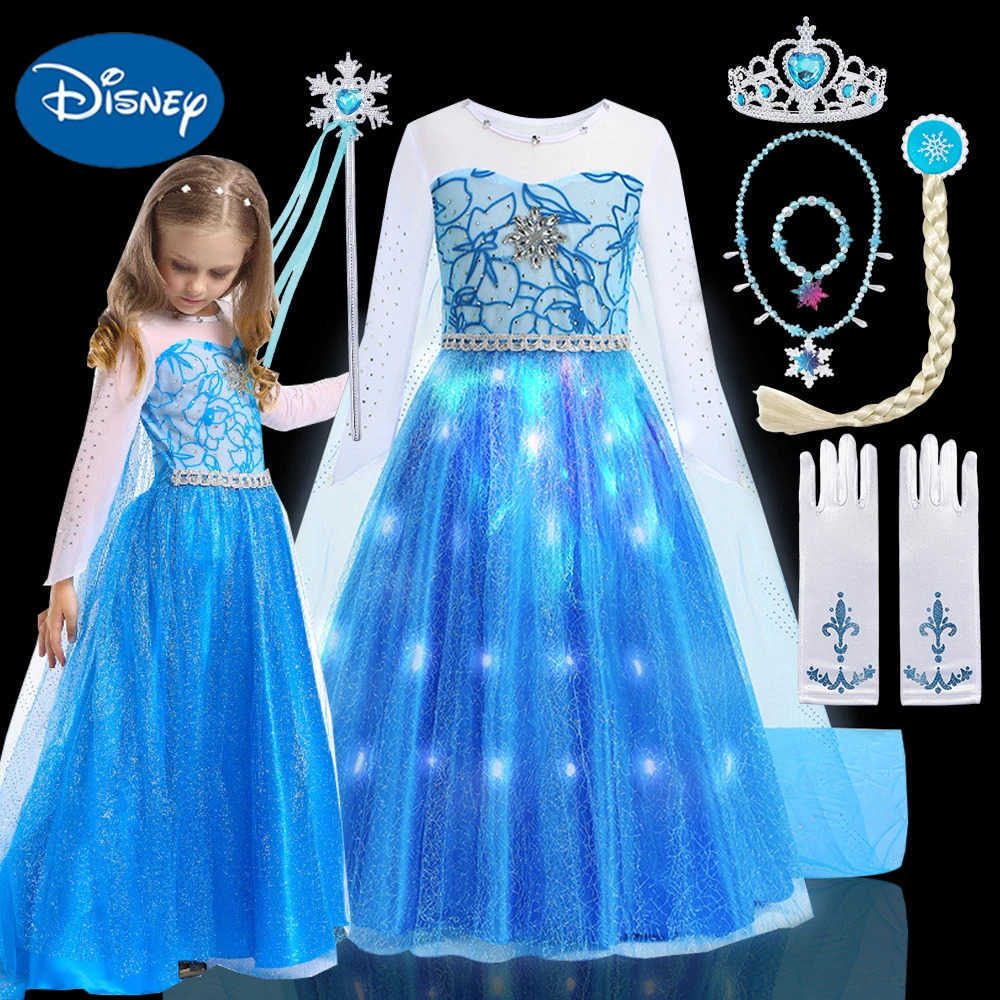 Disney Girls Princess LED Light Up Dress Birthday Carnival Party Luxury Elsa Costume Gowns Long Sleeve Beading Halloween Cosplay Cloth X250408