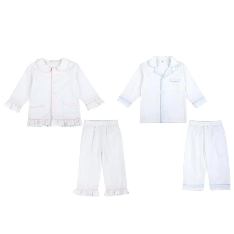 Spring Summer Children Pajamas Sets Baby Girls Boys Homewear Sibling Outfits White Seersucker Soft Kids Long Sleeve Pyjamas Set 250407