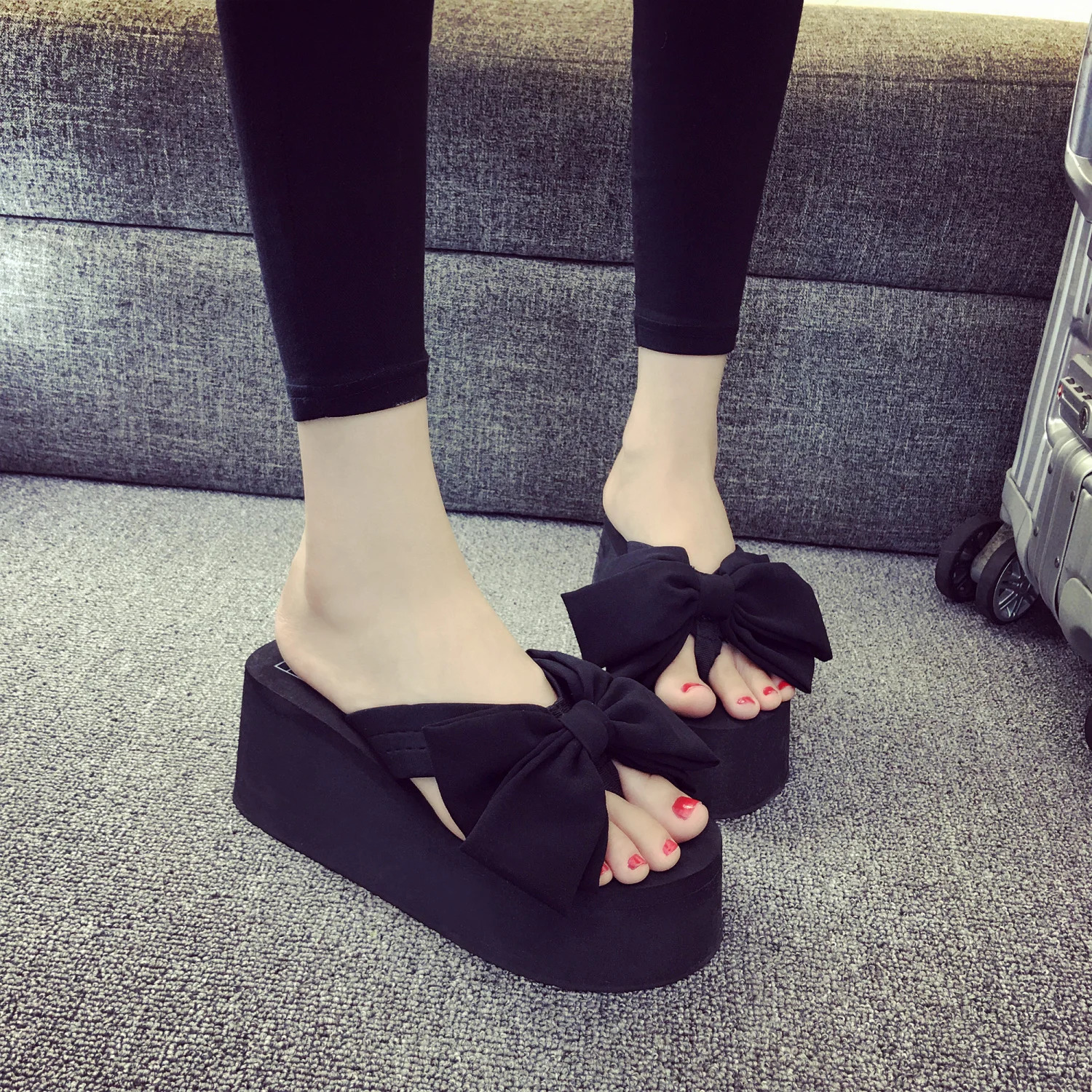 Korean Style Black Fashion Big Bow Thick-Soled Platform Wedge Womens Summer Flip-Flops Beach Slippers Seaside Vacation Slippers 250408
