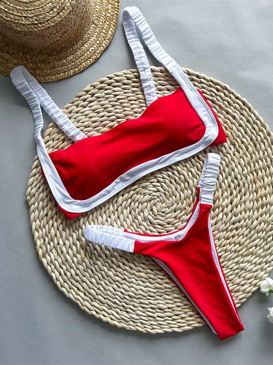 Dongdumaoyi New Black White Splicing Bikini Set Women Sexy Bandeau Push Up Micro Swimsuit Summer Bathing Suit Pleate Thong Swimwear