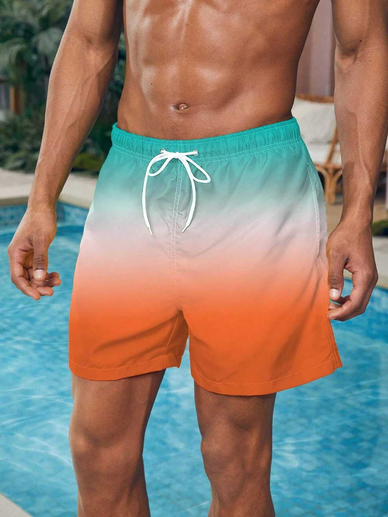 Mens beach shorts gradient color block brushed summer mens swim trunks elastic waist 3D printed breathable short streetwearXJ250407