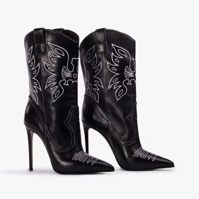 2025 Western European And American Denim Slim Fit High Heels, Women's Sexy Embroidered Knights Pointed Short Boots, Runway Shoes