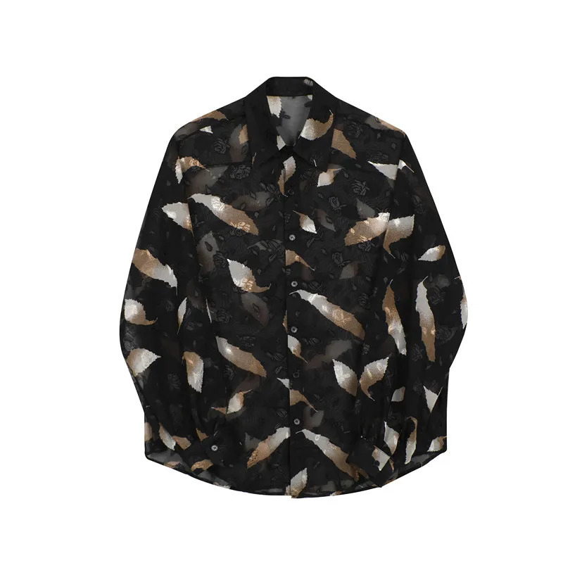 Men Sexy Feather Hollowed Out Shirt Mens Lapel Long Sleeved Transparent Clothing Streetwear Casual Loose Trendy Tops 250407
