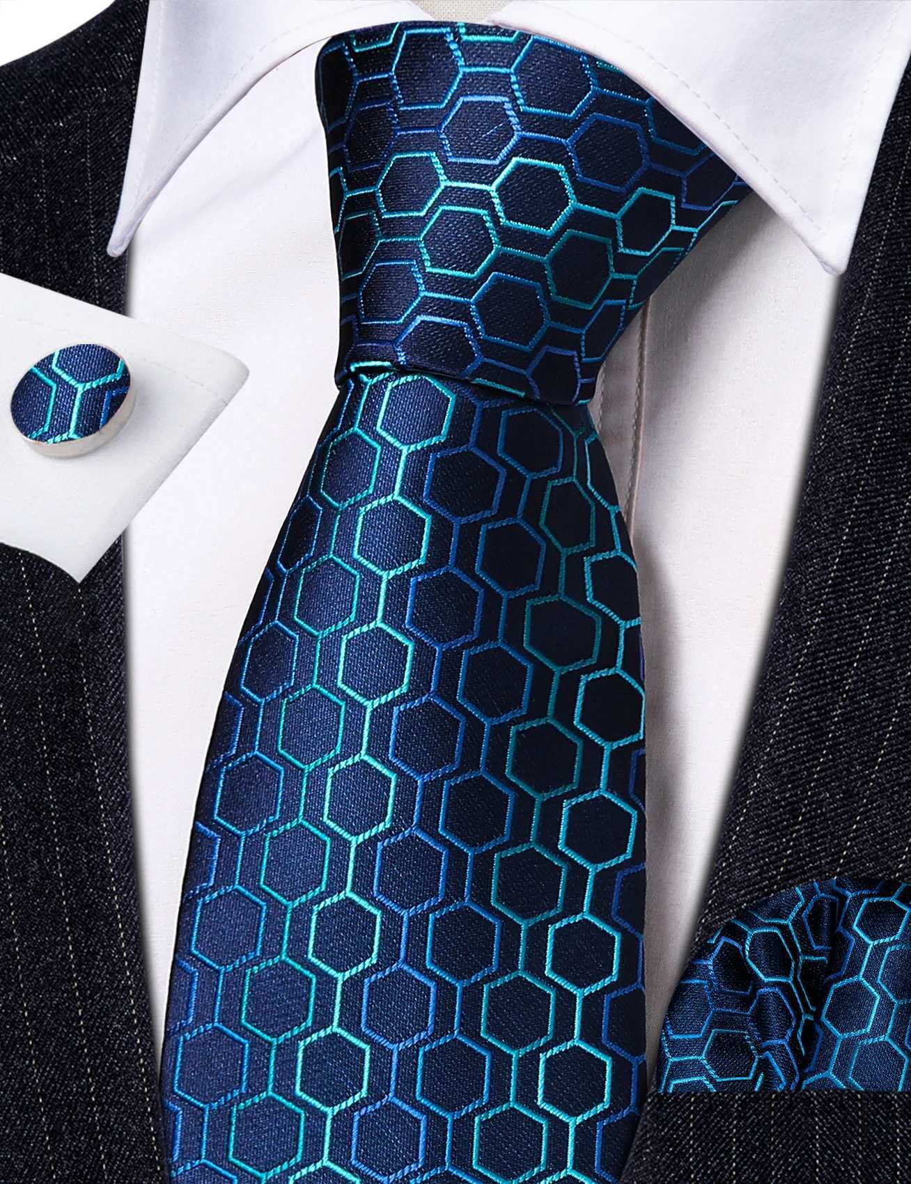 New Geetric Pattern Ties For Men Designer Blue Woven Jacquard Silk Necktie Handkerchief Cufflinks Sets Formal Party Barry. X250407