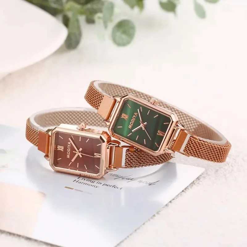 2024 Womens Watch Fashion Square Womens Quartz Watch Magnetic Strap Green Dial Simple Rose Gold Mesh Luxury Womens WatchT250408