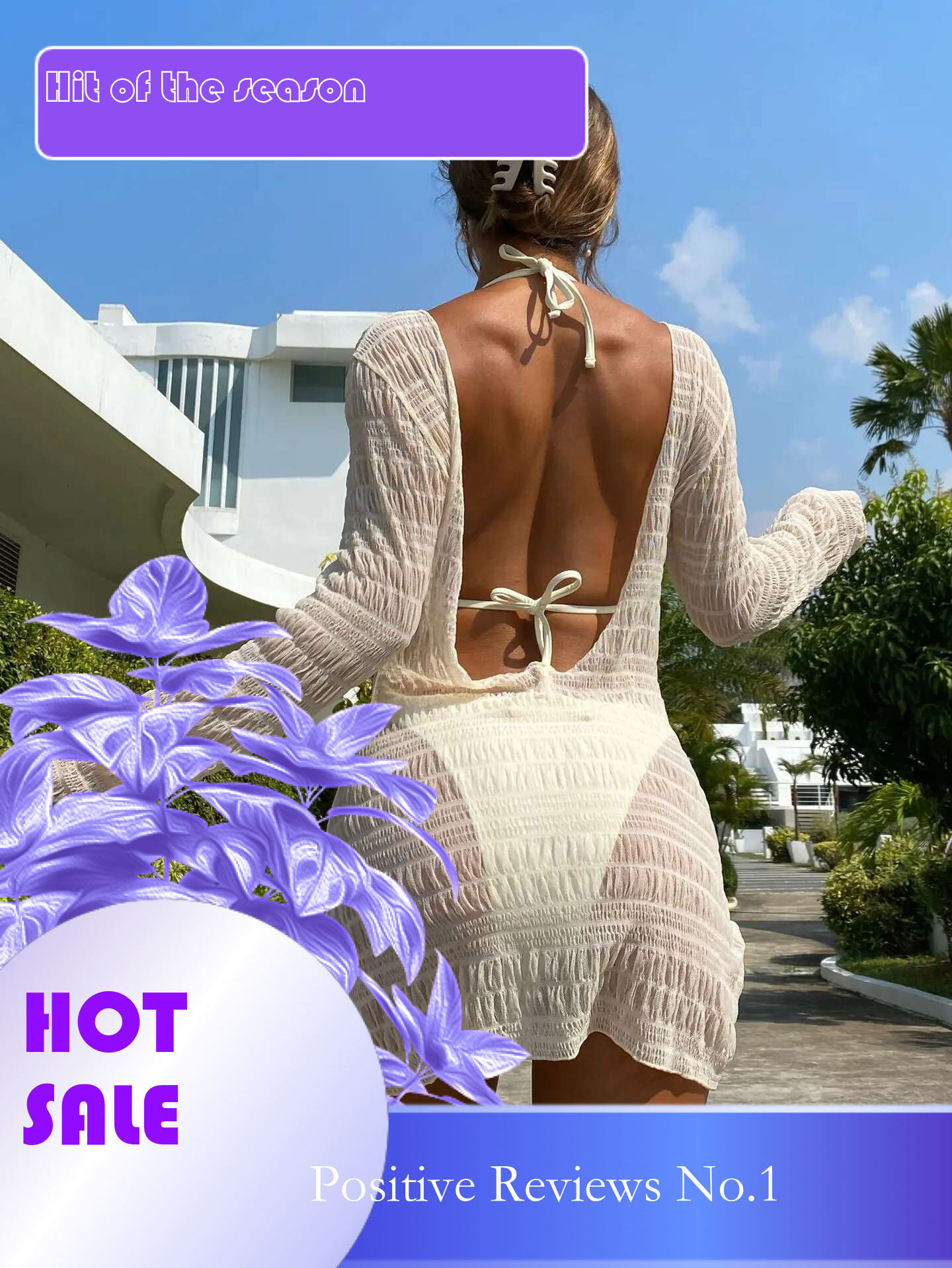 Dongdumaoyi Sexy Dress Bikini Set Women White Long Sleeve Knitted Backless Cover Up Piece Swimsuit Beach Bathing Suit Thong Swimwear