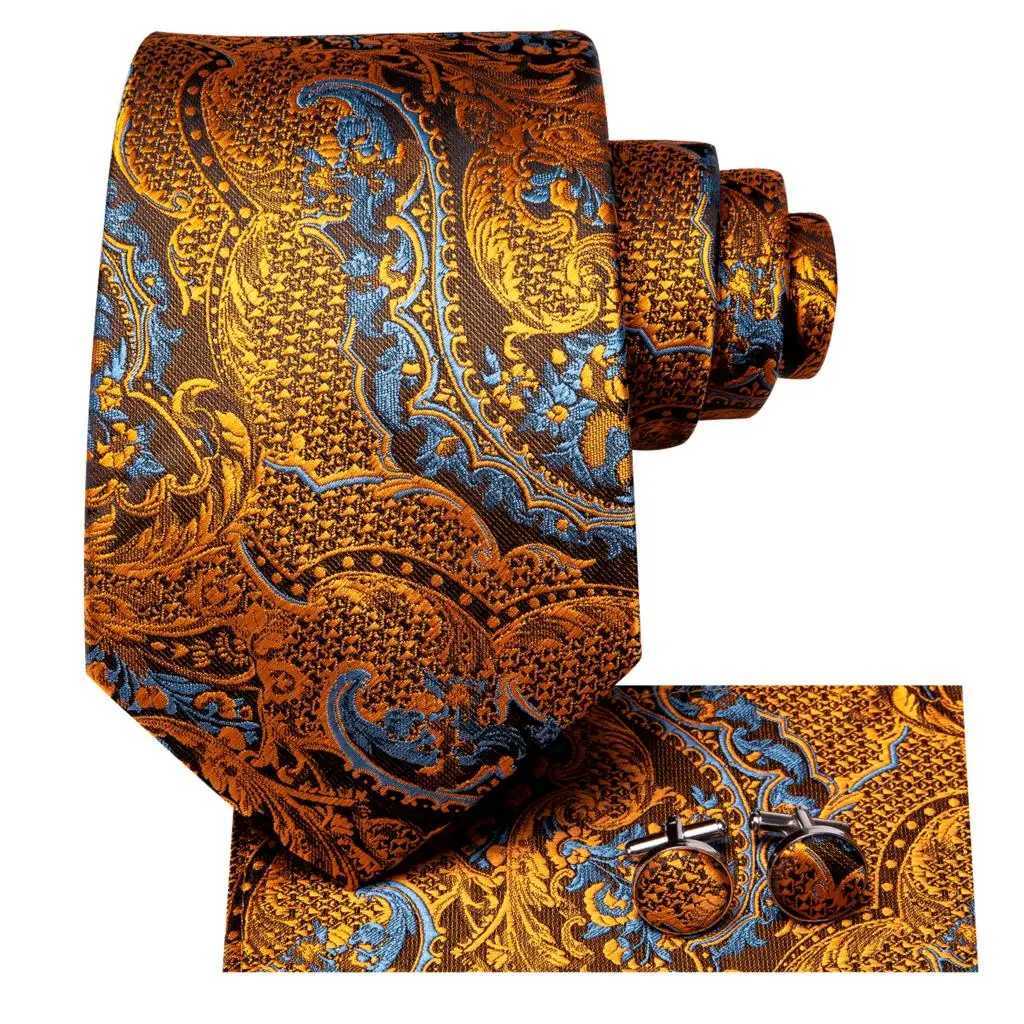 Hi-Tie 100% Silk Luxury Mens Ties Floral Black Gold Ties Paisley NeckTie Pocket Square Cufflinks Set Mens Wedding Party Tie X250407
