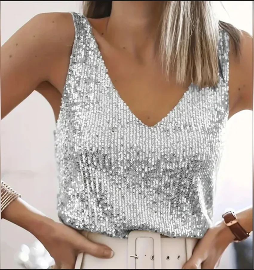 Quicktrade Forex Explosion Model European and American Sexy Womens Sparkle Summer Light Mature Sexy V-nec 250403