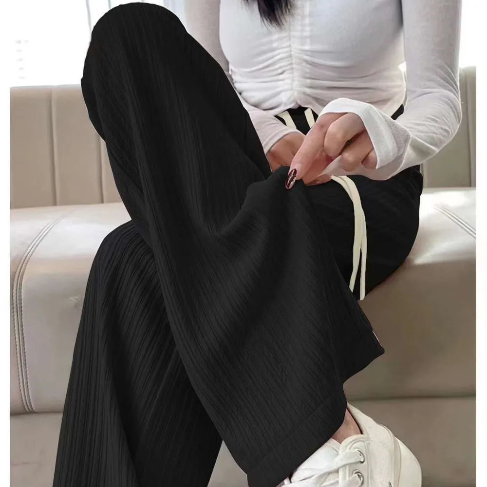 Straight pants womens high waist wide leg mens solid hem feel loose casual thin print dress OL simple 250407
