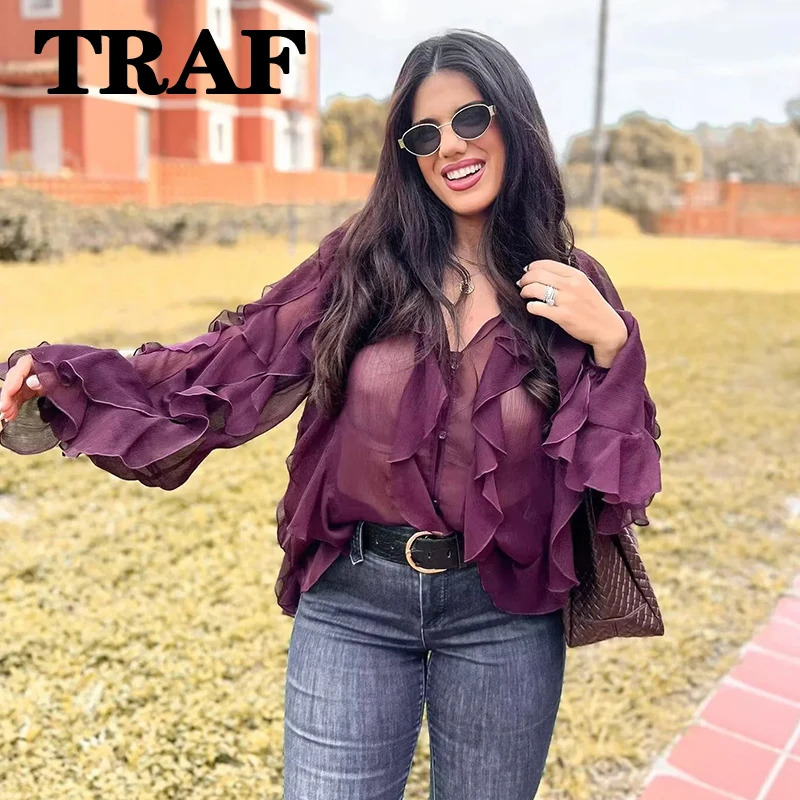 TRAF Woman Rucffles Shirt Sexy Semi-Transparent Loose Shirts for Women V-Neck Long Sleeve Womens Casual Shirt And Blouses Top 250408