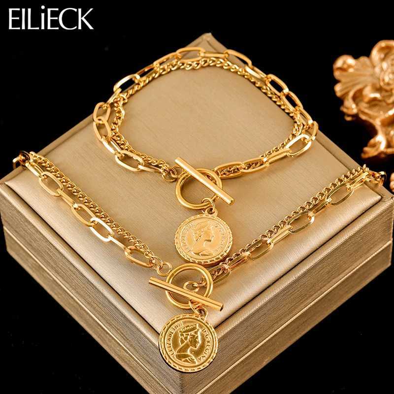 EILIECK 316L stainless steel gold portrait coin necklace set for womens trendy flow OT buckle waterproof jewelry Y250408
