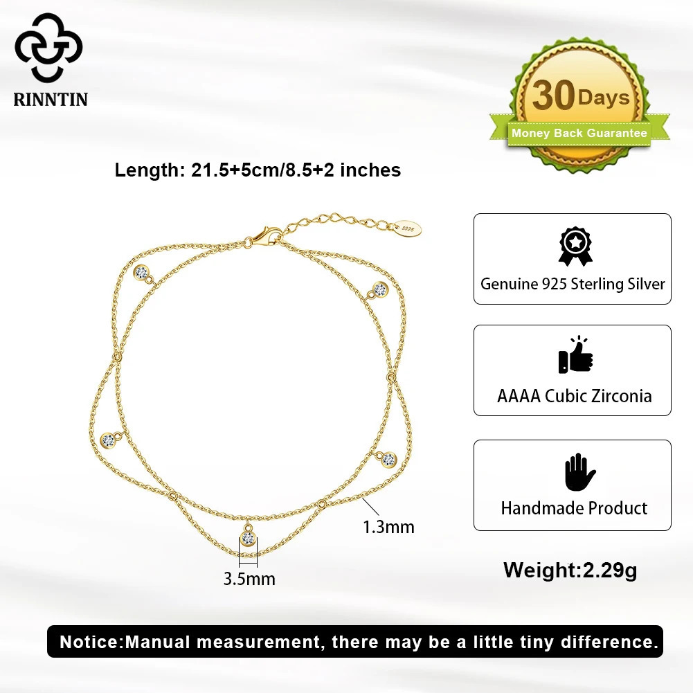 Rinntin 925 Sterling Silver Dangle Shiny CZ Anklet for Women Summer Foot Chain Bracelet Fashion Ankle Straps Jewelry SA72 250403