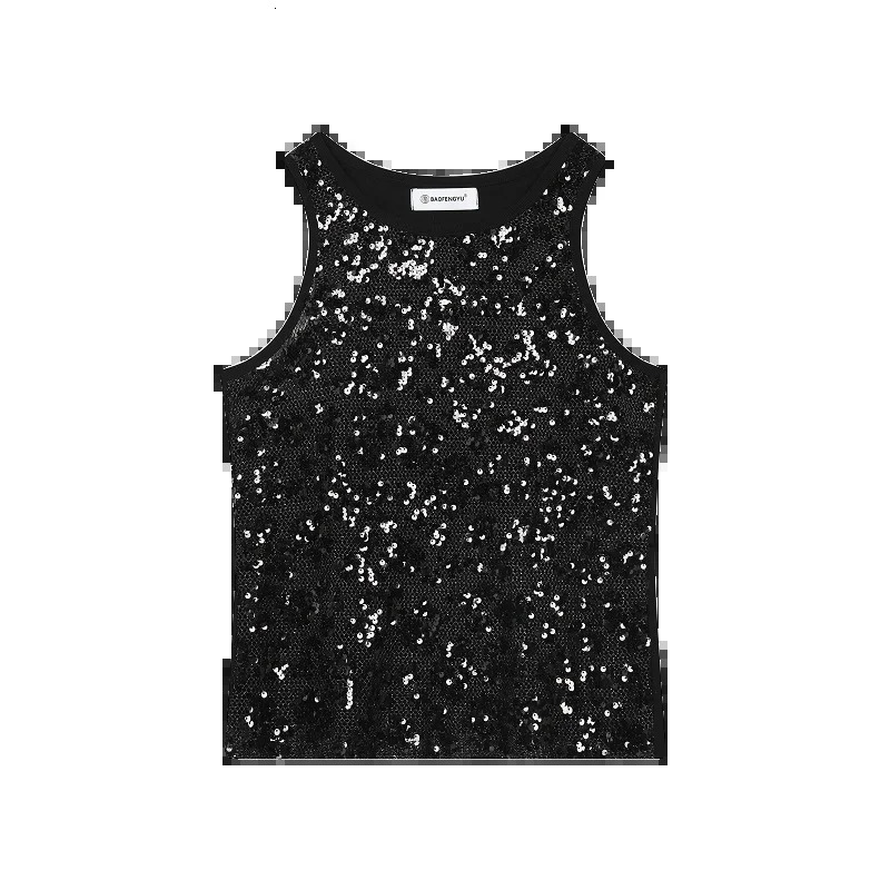 Fashionable mens sexy top with mesh sequins sparkling elastic tight fitting vest summer fashion nightclub stage tight fitting mens vest 250402