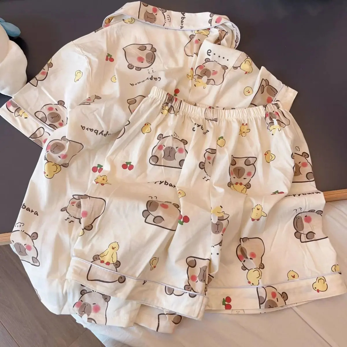 Capybara Girls Pajama Set 2025 Summer Children Cartoon Printed Lapel Short Sleeve Shorts 2pcs Air Conditioning Clothes Sleepwear 250408