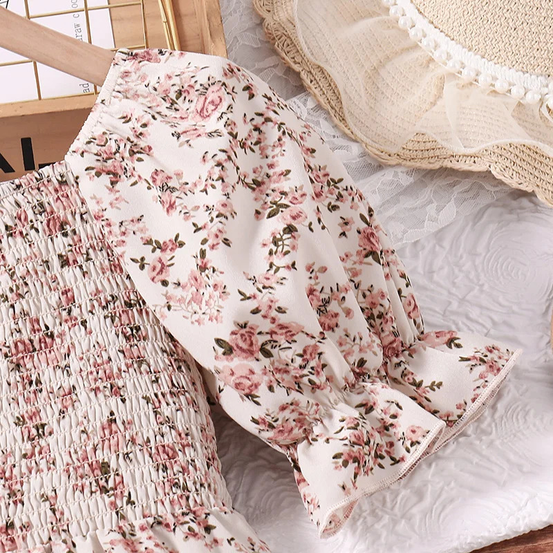 Children Summer Girls 8-12 Years Old Black Short Sleeve Puffed Sleeve Print Long Skirt Holiday Loose Comfortable Pastoral Dress 250408