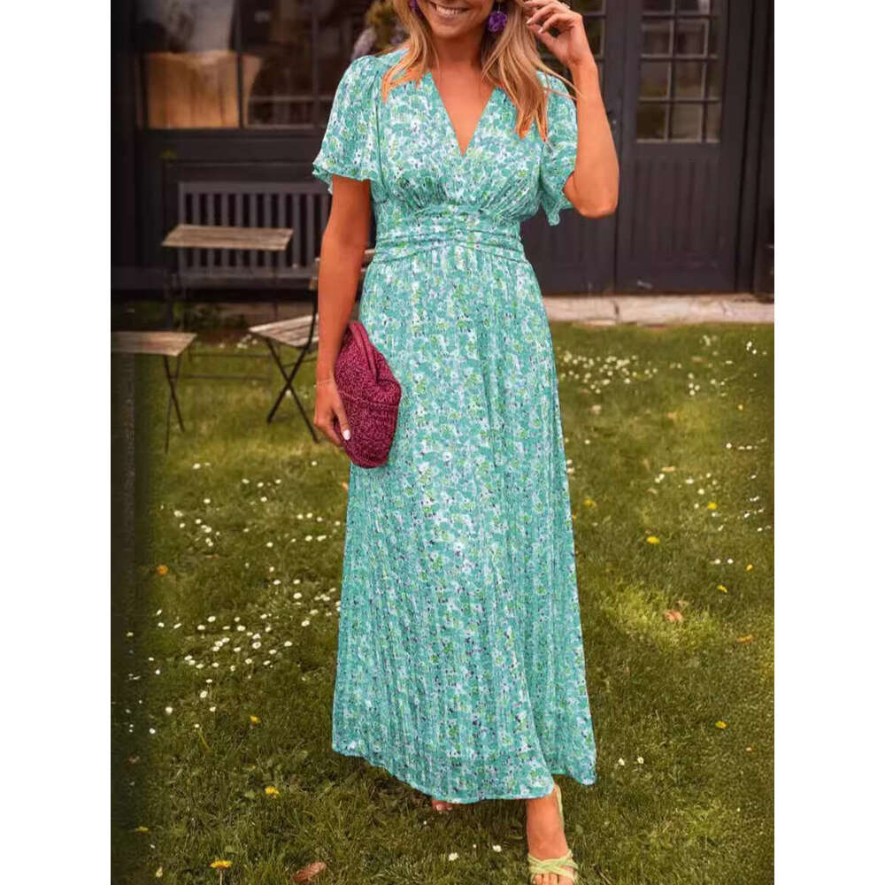 A large number of European and American Shein2025 women's temperament printed waist cinched V-neck dress 2025 new casual fashion trend clothing